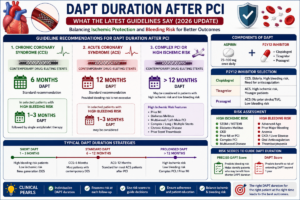 Dual antiplatelet therapy duration after PCI showing guideline-based treatment pathways for chronic coronary syndrome, acute coronary syndrome, and high bleeding risk patients.