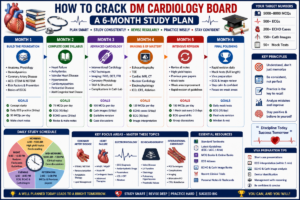 Six-month DM Cardiology Board study plan showing daily schedule, monthly milestones, ECG practice, MCQs, echocardiography, and guideline revision.