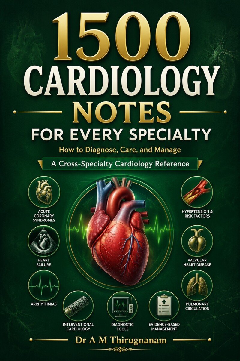 1500 Cardiology Notes for Every Specialty by Dr A M Thirugnanam featuring 35 chapters and 367 pages covering ECG interpretation, heart failure, hypertension, arrhythmias, preventive cardiology, and cross-specialty cardiovascular care.
