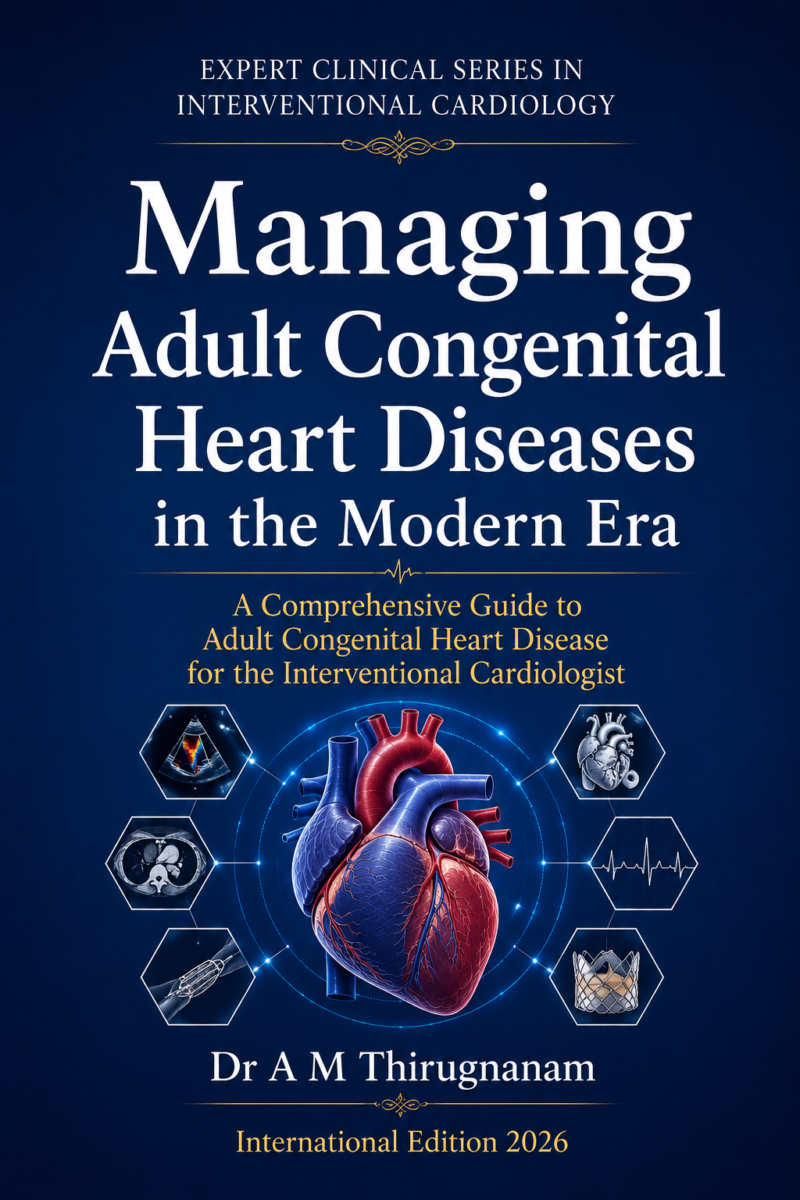 Managing Adult Congenital Heart Diseases in the Modern Era eBook by Dr A M Thirugnanam featuring 21 chapters and 313 pages on adult congenital heart disease, structural heart disease, cardiac imaging, interventions, and lifelong ACHD management.