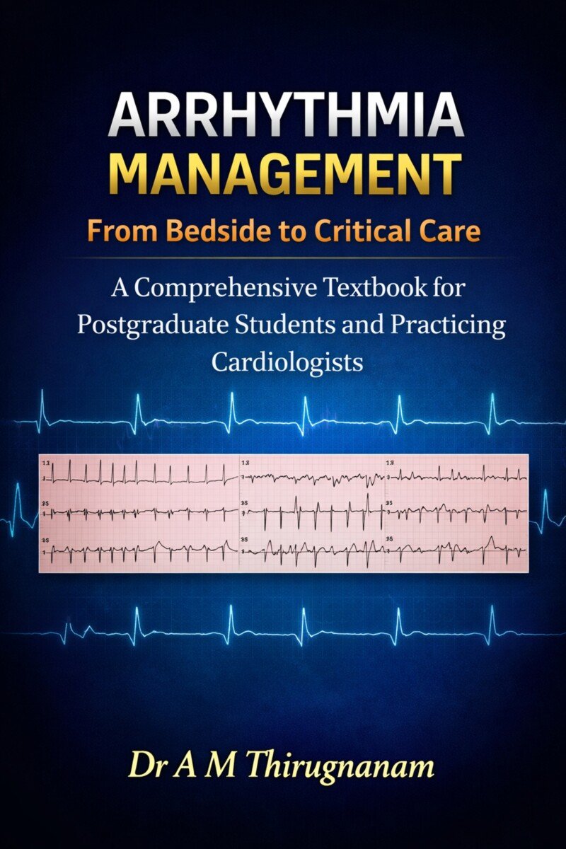 Arrhythmia Management – From Bedside to Critical Care by Dr A M Thirugnanam featuring 16 chapters and 216 pages on ECG interpretation, atrial fibrillation, ventricular tachycardia, pacing, and emergency rhythm management.