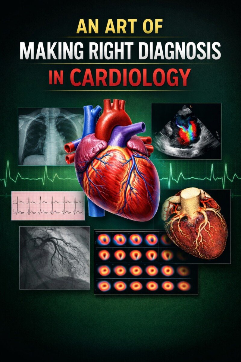 The Art of Making the Right Diagnosis in Cardiology by Dr A M Thirugnanam featuring 14 chapters and 194 pages on differential diagnosis, ECG interpretation, cardiac imaging, and clinical decision-making.
