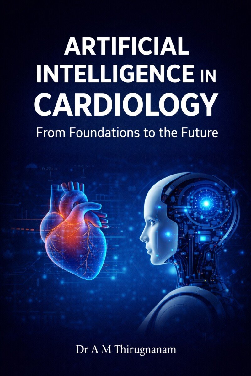 AI in Cardiology – Diagnosis, Care and Management by Dr A M Thirugnanam featuring 10 chapters and 181 pages on artificial intelligence, ECG analysis, cardiac imaging, predictive analytics, and digital cardiology.
