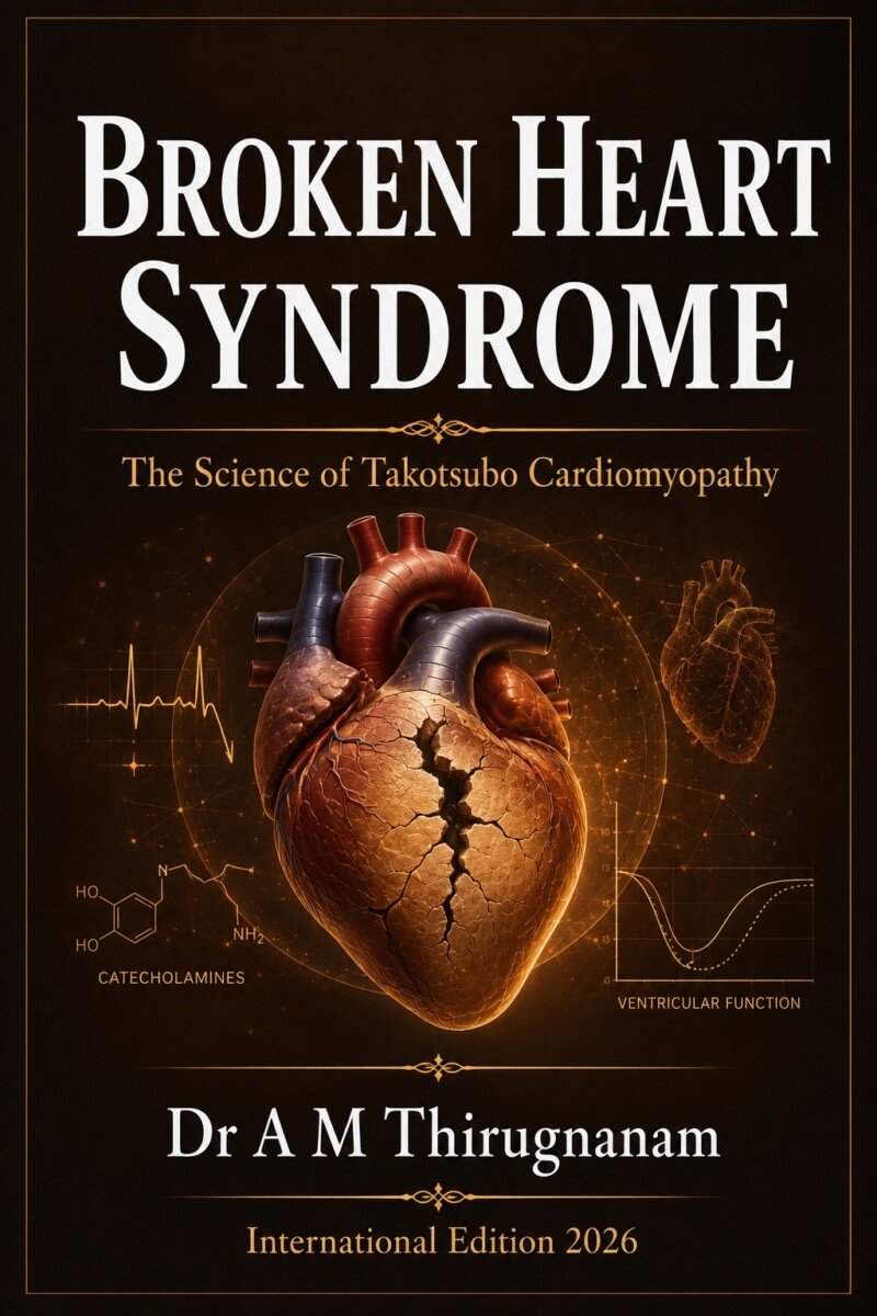 Broken Heart Syndrome by Dr A M Thirugnanam featuring 14 chapters and 245 pages covering Takotsubo cardiomyopathy, stress cardiomyopathy, echocardiography, cardiac MRI, acute heart failure, and evidence-based management.