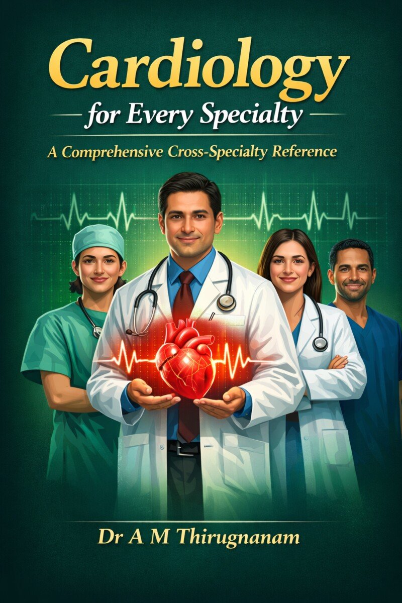 Cardiology for Every Specialist by Dr A M Thirugnanam featuring 19 chapters and 411 pages covering practical cardiovascular care, ECG interpretation, hypertension, heart failure, arrhythmias, and multidisciplinary clinical management.