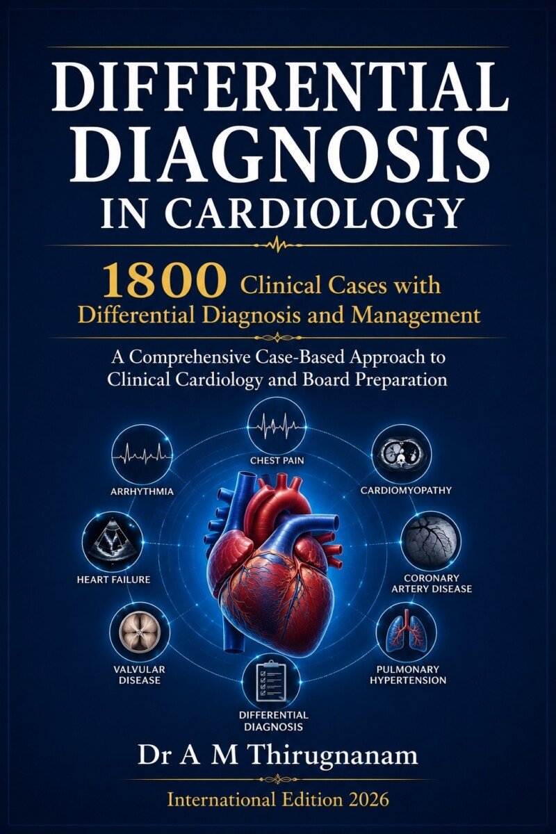 Differential Diagnosis in Cardiology by Dr A M Thirugnanam featuring 1,800 clinical cases, 16 chapters, and 1,448 pages covering ECG interpretation, cardiovascular diagnosis, cardiac imaging, and clinical decision-making.