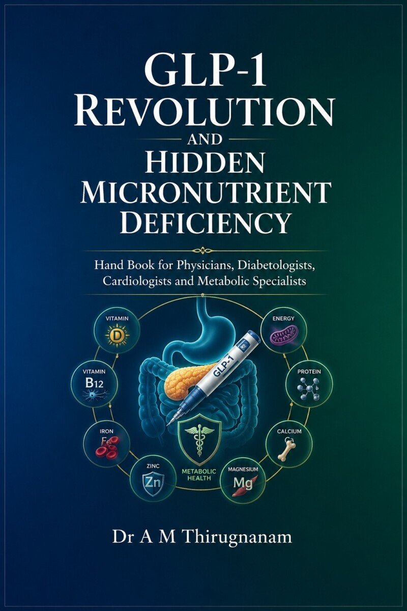 GLP-1 Revolution and Hidden Micronutrient Deficiency by Dr A M Thirugnanam featuring 18 chapters and 392 pages covering semaglutide, tirzepatide, obesity medicine, diabetes, nutrition, vitamin deficiencies, and metabolic health.