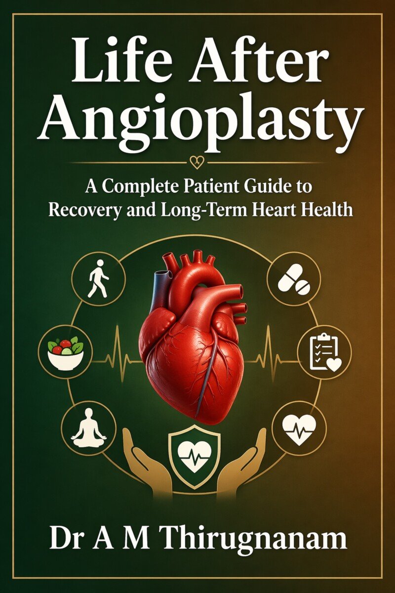 Life After Coronary Angioplasty by Dr A M Thirugnanam featuring 10 chapters and 171 pages covering coronary stent care, angioplasty recovery, cardiac rehabilitation, medications, heart-healthy lifestyle, and long-term cardiovascular care.