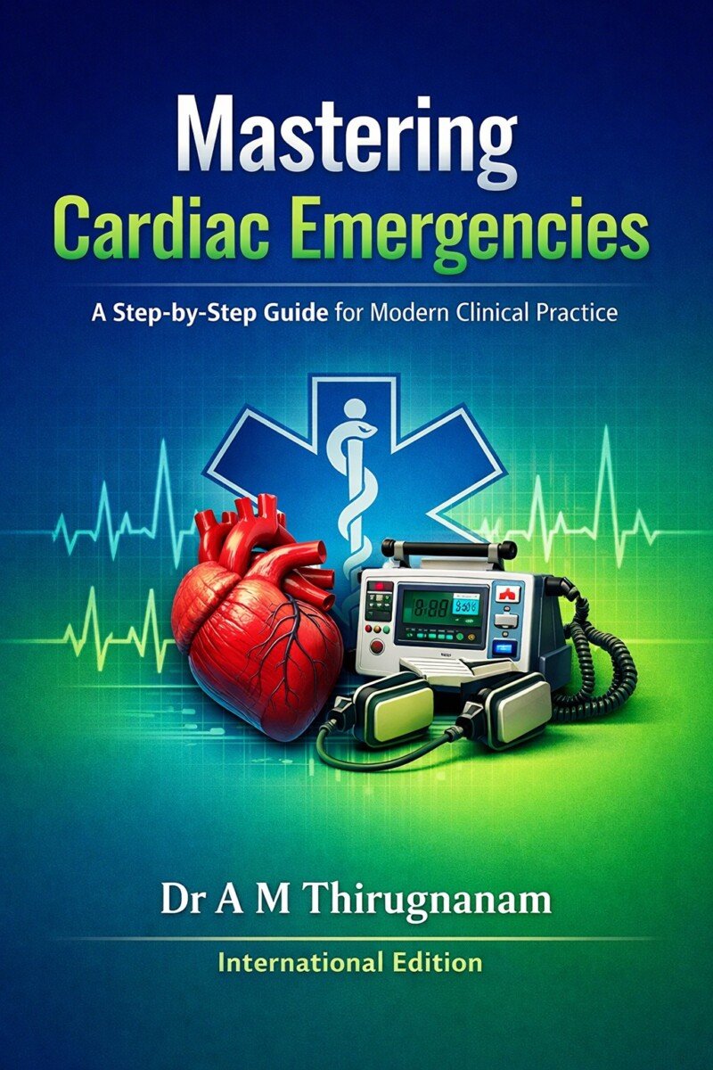 Mastery Cardiac Emergencies by Dr A M Thirugnanam featuring 18 chapters and 496 pages covering STEMI, NSTEMI, cardiac arrest, cardiogenic shock, emergency ECG interpretation, ACLS, and critical cardiac care.