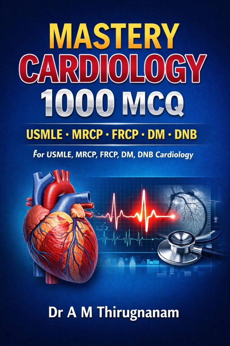 Mastering Cardiology MCQs 1000 by Dr A M Thirugnanam featuring 20 expert-level topics across 546 pages for cardiology board review, ECG interpretation, and cardiovascular examination preparation.