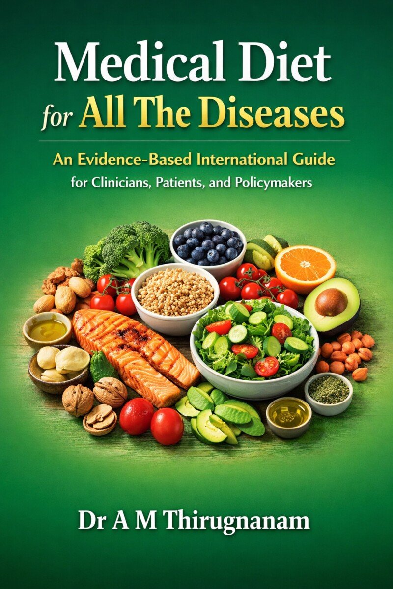 Medical Diet for All Diseases by Dr A M Thirugnanam featuring 16 chapters and 297 pages covering therapeutic nutrition, heart disease diets, diabetes diets, kidney disease nutrition, obesity management, and preventive healthcare.