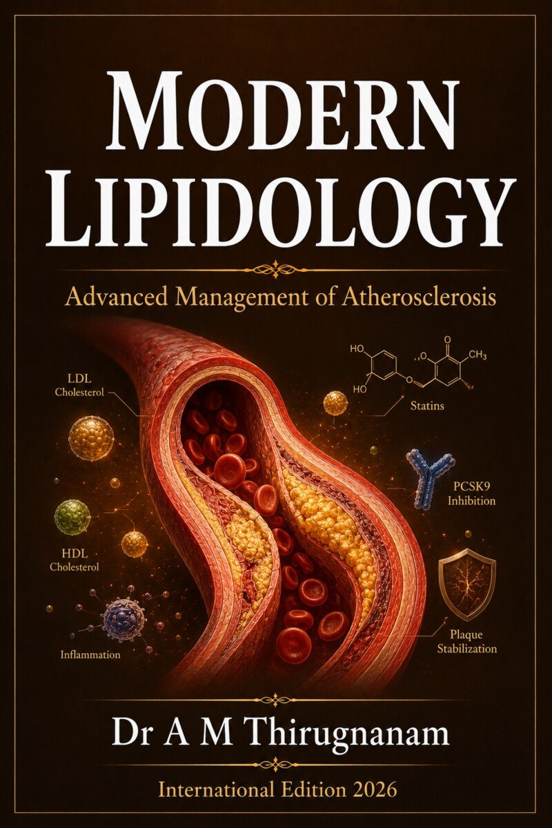 Modern Lipidology – Advanced Management of Atherosclerosis by Dr A M Thirugnanam featuring 18 chapters and 349 pages on cholesterol management, dyslipidemia, statins, PCSK9 inhibitors, and preventive cardiology.