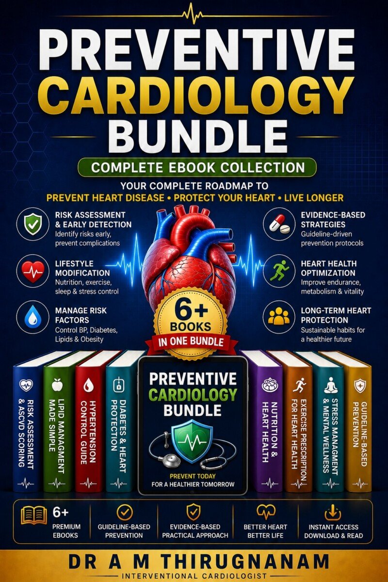 Preventive Cardiology Bundle eBook collection by Dr A M Thirugnanam featuring evidence-based cardiovascular prevention, ASCVD risk assessment, lipid management, hypertension control, diabetes prevention, lifestyle medicine, nutrition, exercise prescription, and preventive cardiology guidelines.