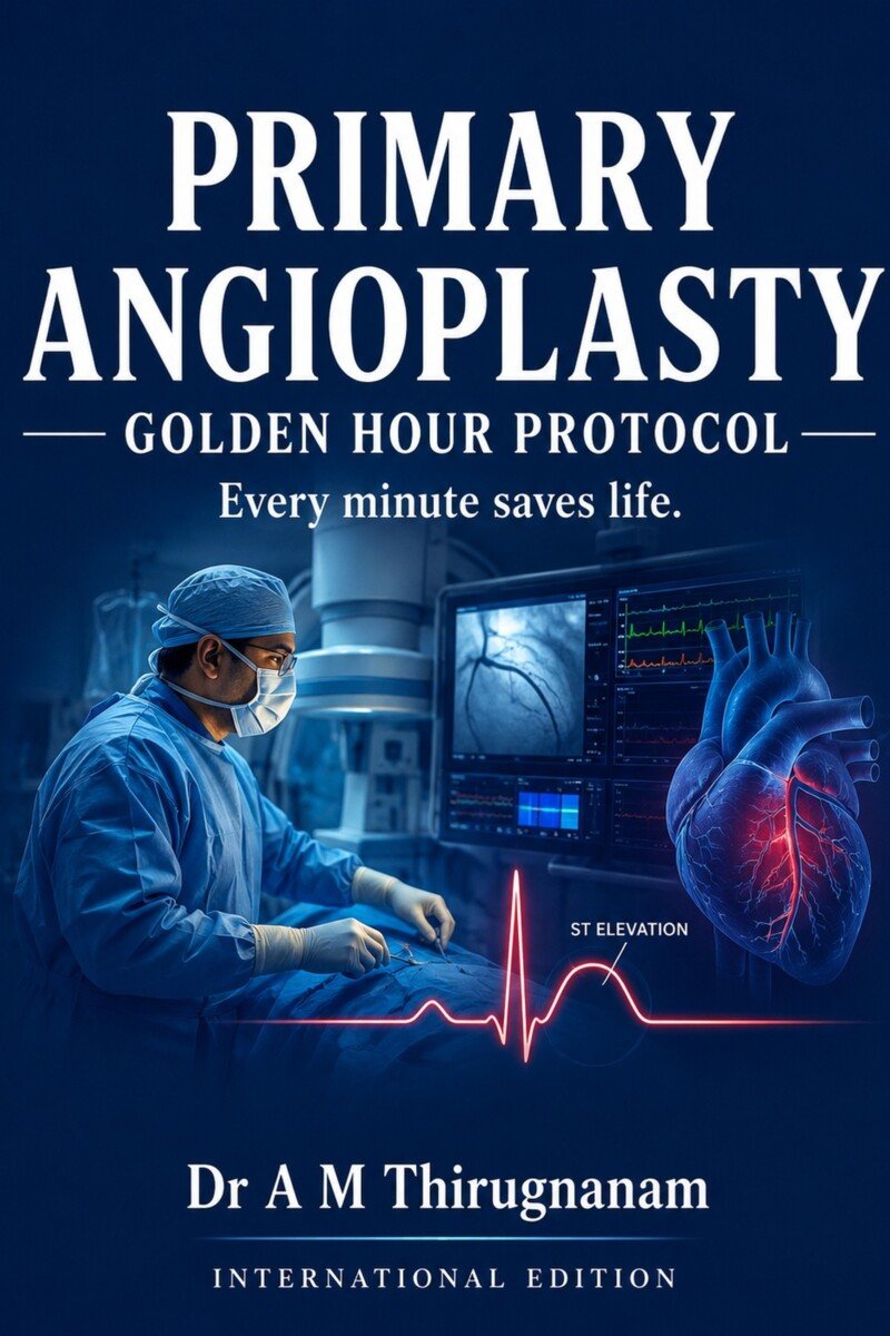Primary Angioplasty – Golden Hour Protocol eBook by Dr A M Thirugnanam covering STEMI diagnosis, primary PCI, door-to-balloon time, coronary angioplasty, cath lab workflow, and guideline-based emergency cardiac care.
