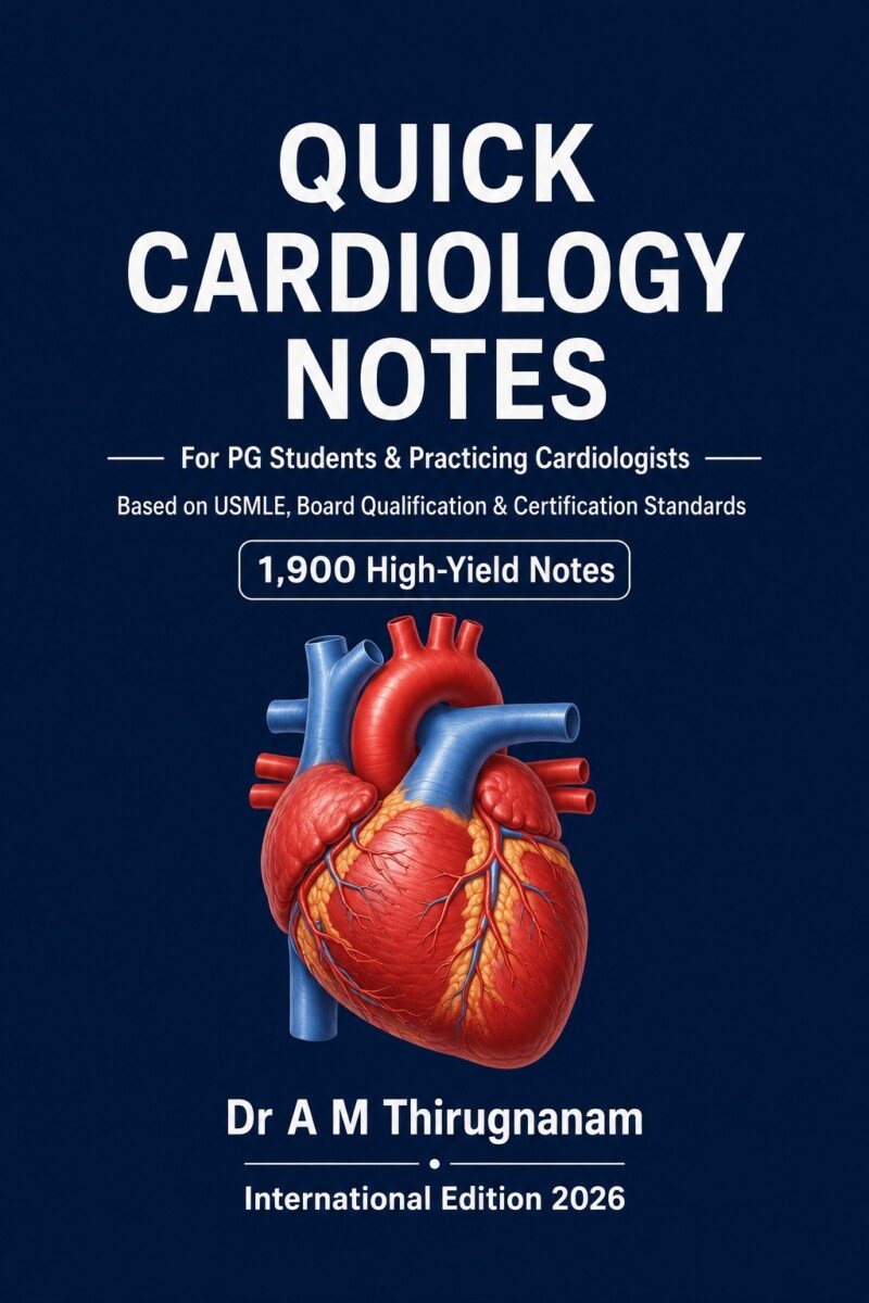 Quick Cardiology by Dr A M Thirugnanam featuring 1,900 high-yield board quality notes, 19 chapters, and 532 pages covering ECG interpretation, heart failure, arrhythmias, coronary artery disease, and board examination preparation.