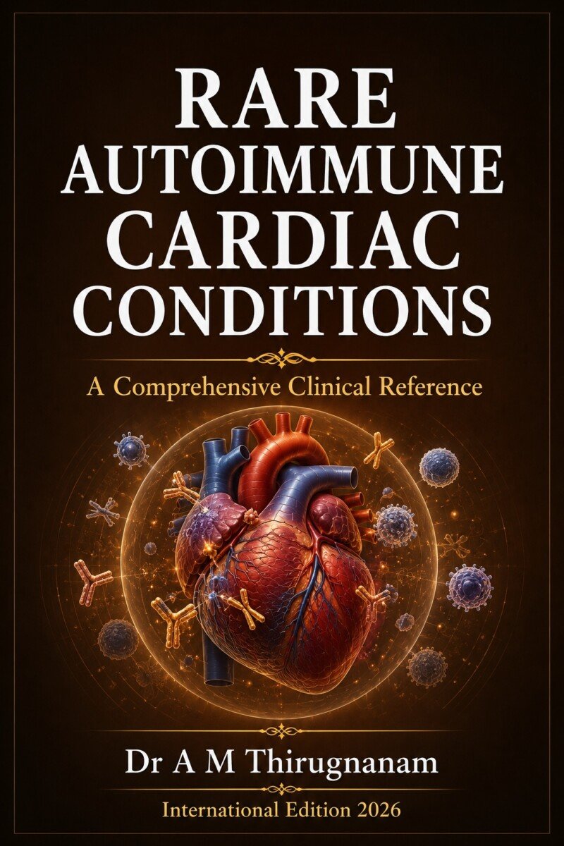 Rare Autoimmune Cardiac Conditions by Dr A M Thirugnanam featuring 31 chapters and 392 pages covering autoimmune myocarditis, cardiac sarcoidosis, lupus carditis, vasculitis, cardiac MRI, PET imaging, and inflammatory heart disease.