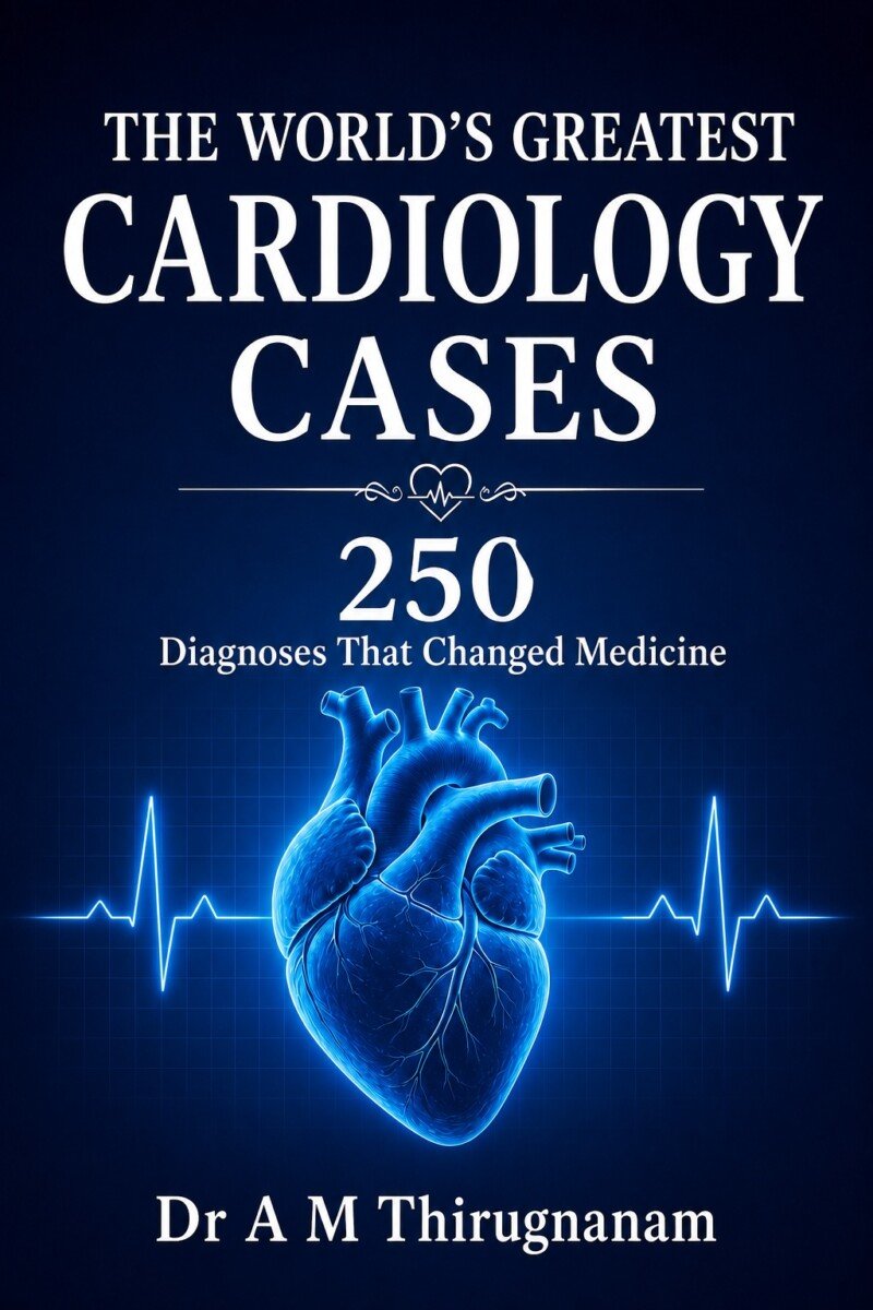 Book cover of The World's Greatest Cardiology Cases: 250 Diagnoses That Changed Medicine by Dr A M Thirugnanam, featuring 250 real-world cardiology cases, differential diagnosis, ECG interpretation, imaging, and evidence-based clinical management for cardiologists and physicians.