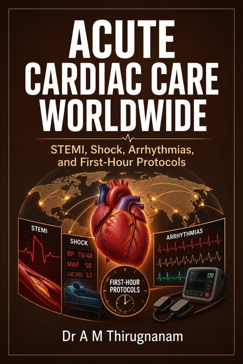 Acute Cardiac Care – Worldwide First Hour Protocol by Dr A M Thirugnanam featuring 16 chapters and 419 pages on STEMI, NSTEMI, cardiac arrest, cardiogenic shock, emergency cardiology, and critical care.