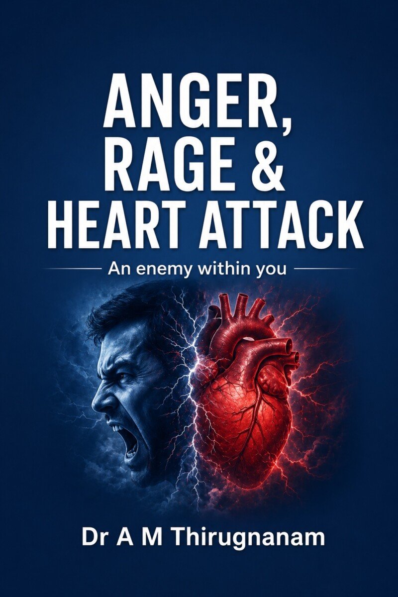 Anger, Rage & Heart Attack: An Enemy Within You by Dr A M Thirugnanam featuring 14 chapters and 334 pages on stress, emotional health, hypertension, heart attack prevention, and preventive cardiology.