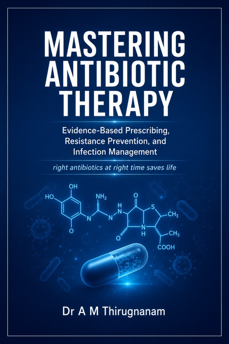 Mastering Antibiotic Therapy by Dr A M Thirugnanam featuring 25 chapters and 488 pages on antibiotic prescribing, antimicrobial stewardship, infectious diseases, sepsis, and evidence-based clinical practice.