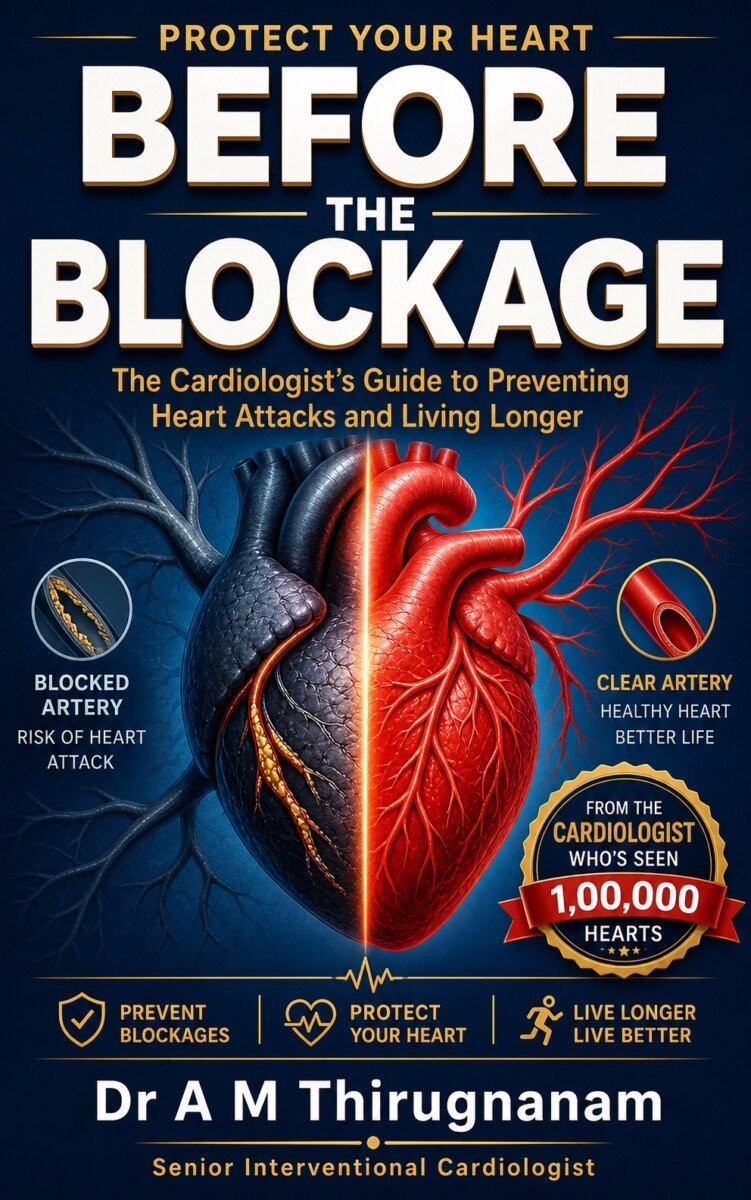 Before the Blockage – The Cardiologist's Playbook by Dr A M Thirugnanam featuring 18 chapters and 333 pages on heart disease prevention, cholesterol management, healthy lifestyle, and preventive cardiology.