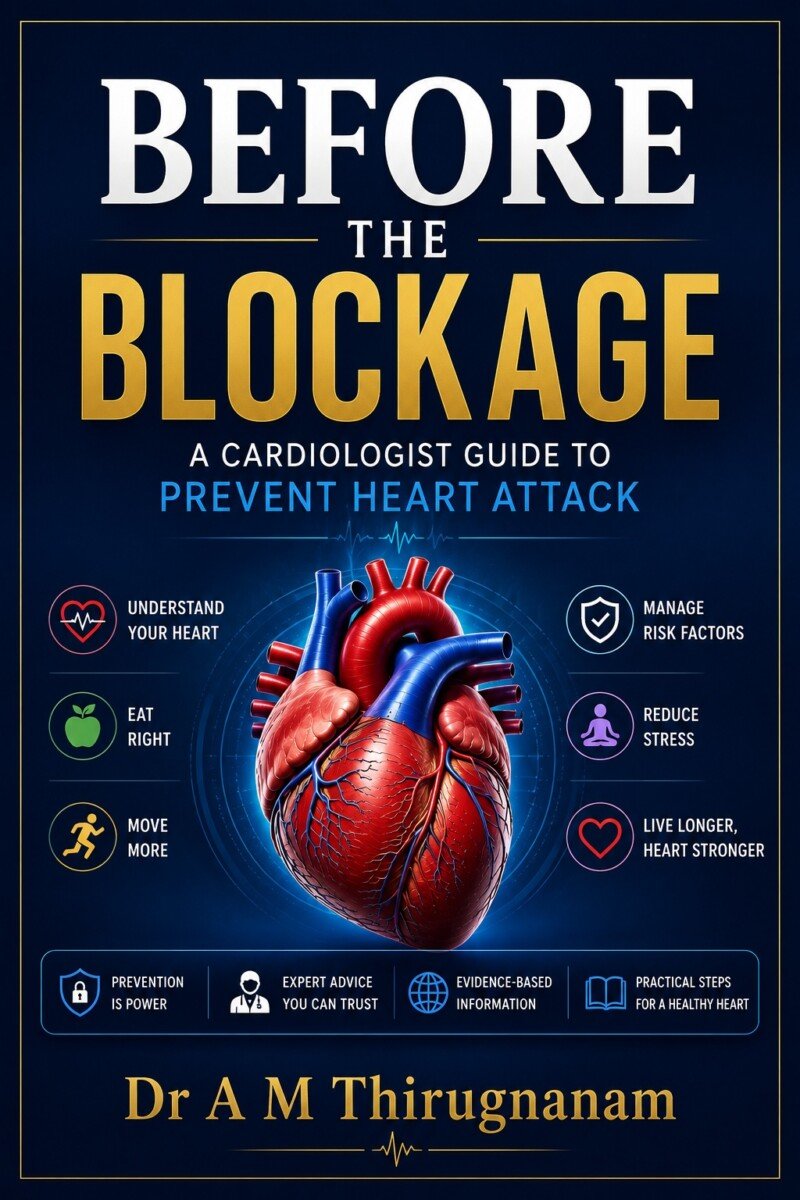 Book cover of Before the Blockage: A Cardiologist Guide to Prevent Heart Attack by Dr A M Thirugnanam, featuring preventive cardiology strategies for reducing heart attack risk through lifestyle modification, risk factor management, and evidence-based cardiovascular care.
