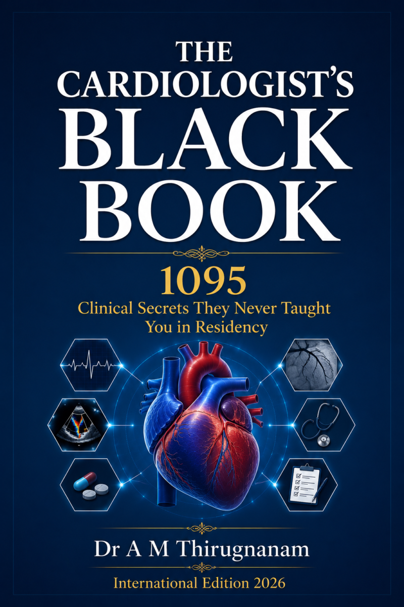 The Cardiology Black Book – 1095 Secrets Never Taught You in Residency by Dr A M Thirugnanam, featuring 73 chapters and 861 pages of practical cardiology guidance, ECG interpretation, interventional cardiology, and clinical decision-making.