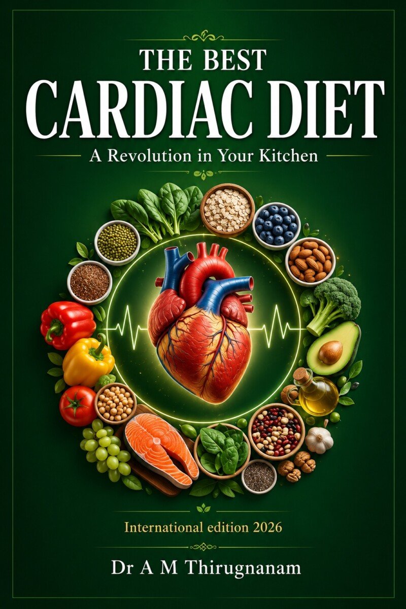 The Best Cardiac Diet – A Revolution in Your Kitchen by Dr A M Thirugnanam featuring 25 chapters and 468 pages on heart-healthy nutrition, cholesterol management, preventive cardiology, and cardiovascular wellness.