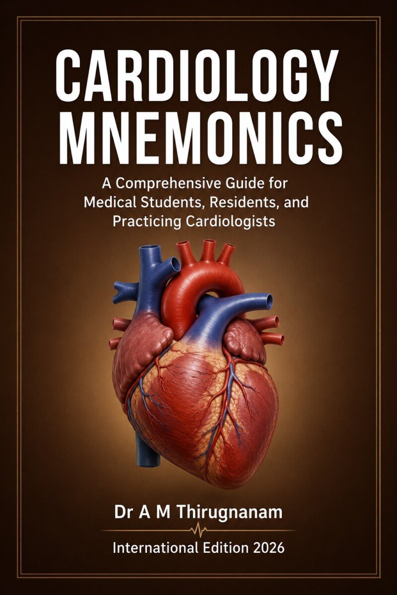 Cardiology Mnemonics for Practicing Doctors by Dr A M Thirugnanam featuring 20 chapters and 360 pages covering cardiology mnemonics, ECG memory aids, heart failure, arrhythmias, hypertension, and rapid clinical revision.
