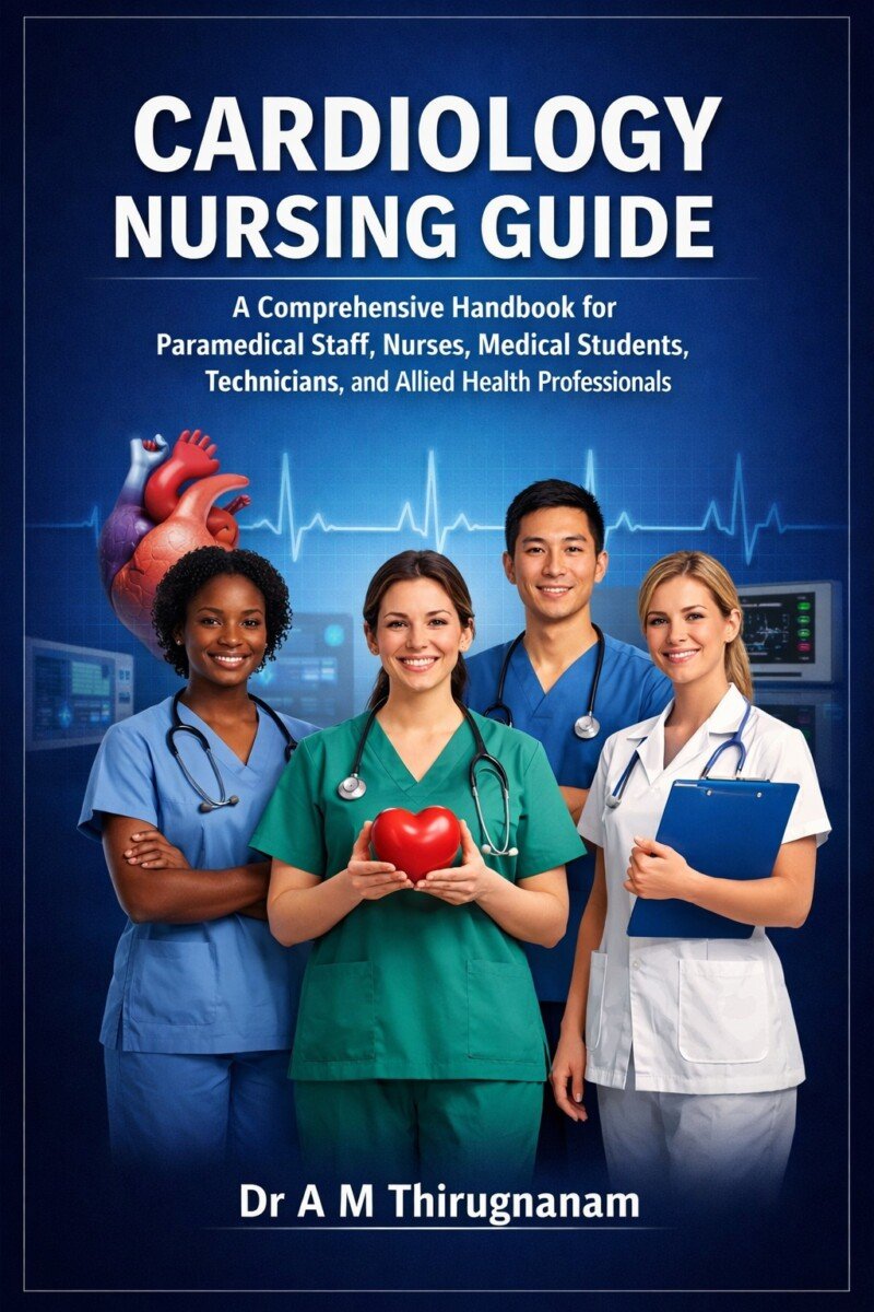 Cardiology Nursing Guide by Dr A M Thirugnanam featuring 15 chapters and 405 pages covering cardiac nursing, ECG interpretation, coronary care, ICU nursing, heart failure, and evidence-based cardiovascular patient care.