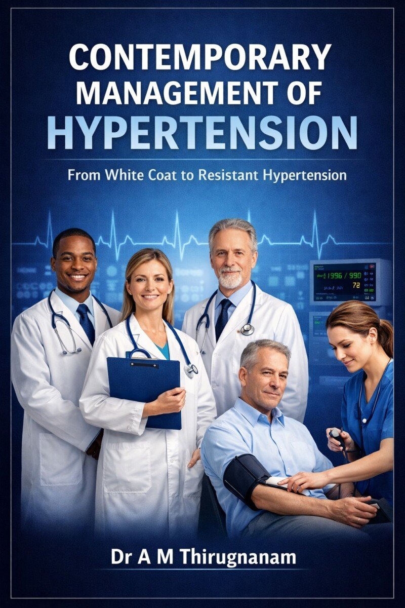 Contemporary Management of Hypertension – From White Coat to Resistant Hypertension by Dr A M Thirugnanam featuring 15 chapters and 278 pages on hypertension diagnosis, blood pressure control, ABPM, resistant hypertension, and evidence-based treatment.