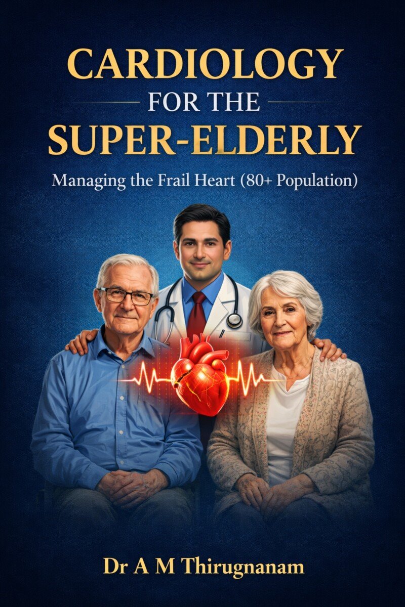 Cardiology for the Elderly by Dr A M Thirugnanam featuring 14 chapters and 274 pages covering geriatric cardiology, frailty, heart failure, atrial fibrillation, hypertension, and cardiovascular care in older adults.