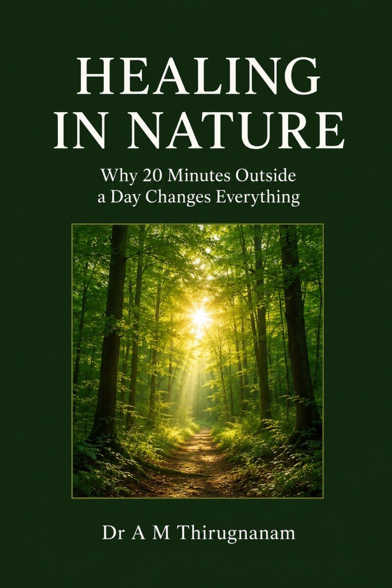 Healing in Nature – Why 20 Minutes Outside Changes Everything by Dr A M Thirugnanam, a 483-page wellness book on nature therapy, stress reduction, heart health, lifestyle medicine, and preventive health.