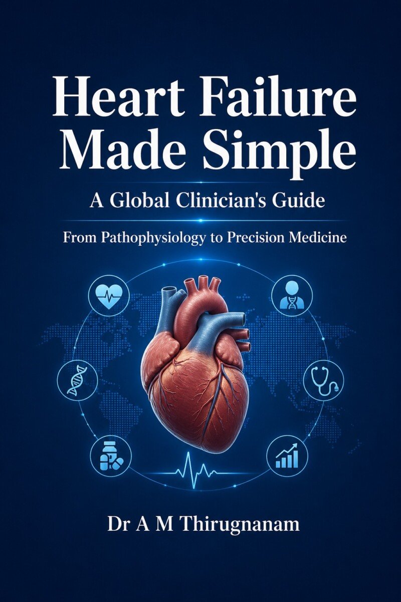 Heart Failure Made Simple by Dr A M Thirugnanam featuring 15 chapters and 350 pages covering acute heart failure, chronic heart failure, HFrEF, HFpEF, cardiomyopathy, guideline-directed therapy, and modern cardiovascular care.