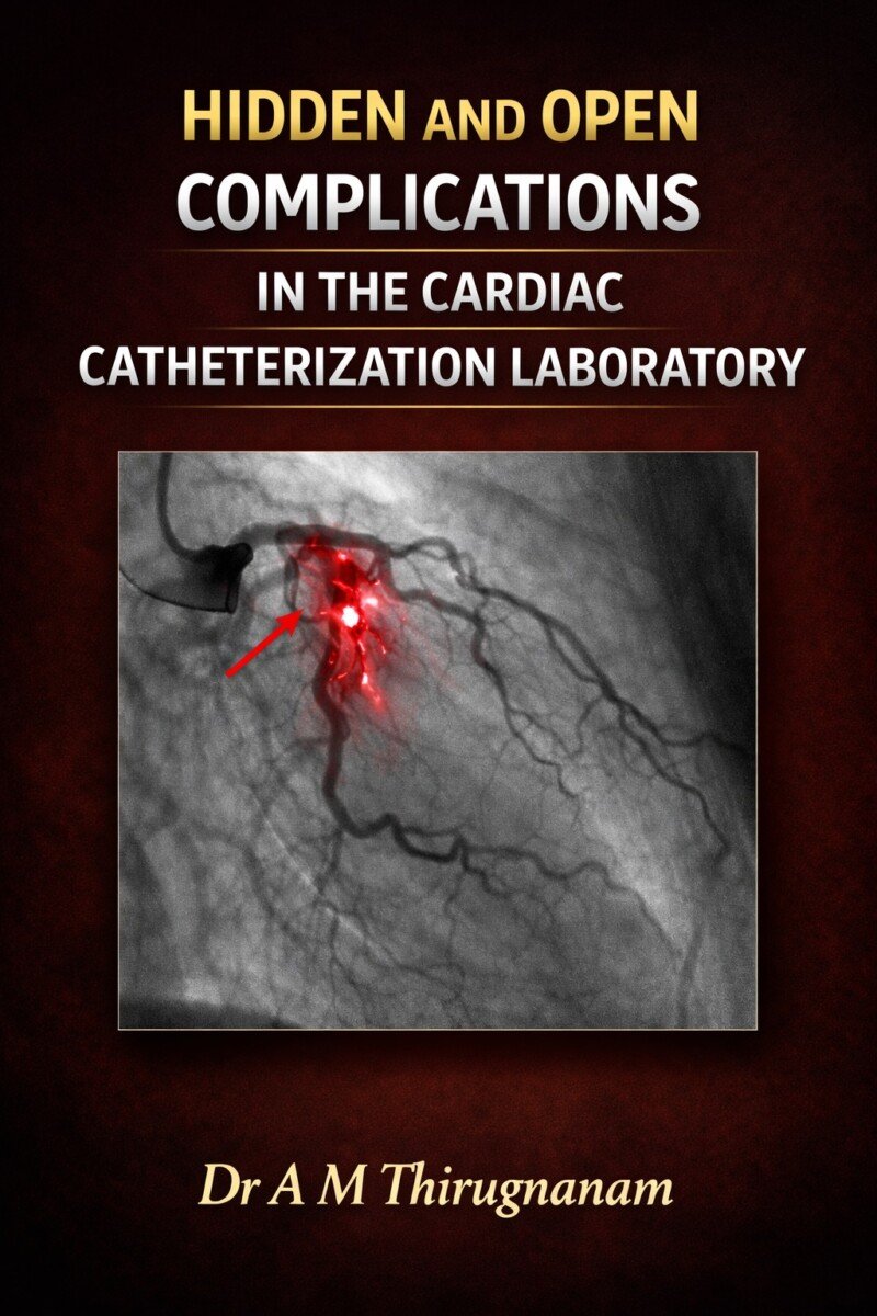 Hidden and Open Complications in the Cath Lab by Dr A M Thirugnanam featuring 15 chapters and 246 pages covering PCI complications, coronary angiography, vascular access, coronary perforation, no-reflow, and interventional cardiology.