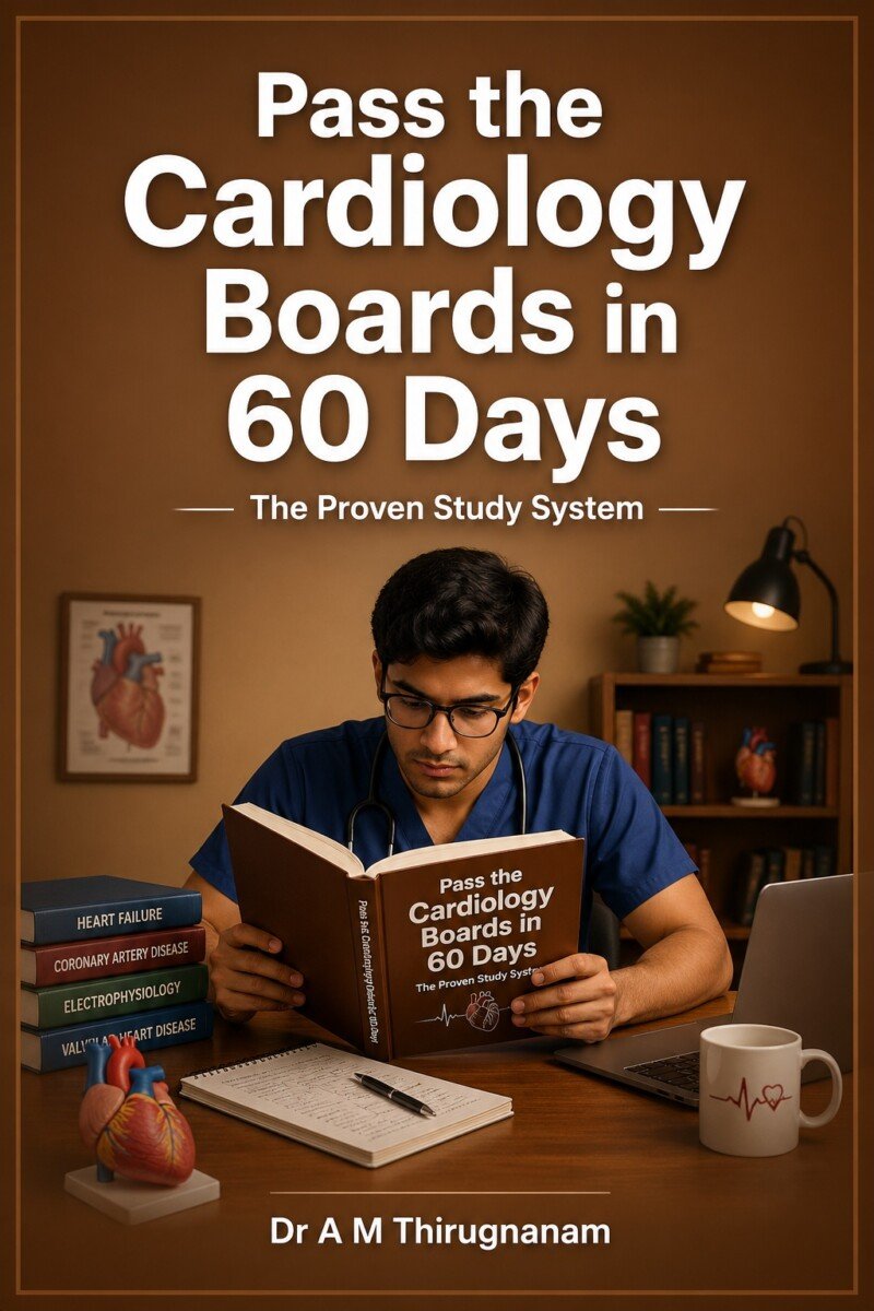 Pass The Cardiology Boards in 60 Days by Dr A M Thirugnanam featuring 27 chapters and 426 pages for USMLE, DM, DNB, MRCP, and international cardiology board examination preparation. Image Title