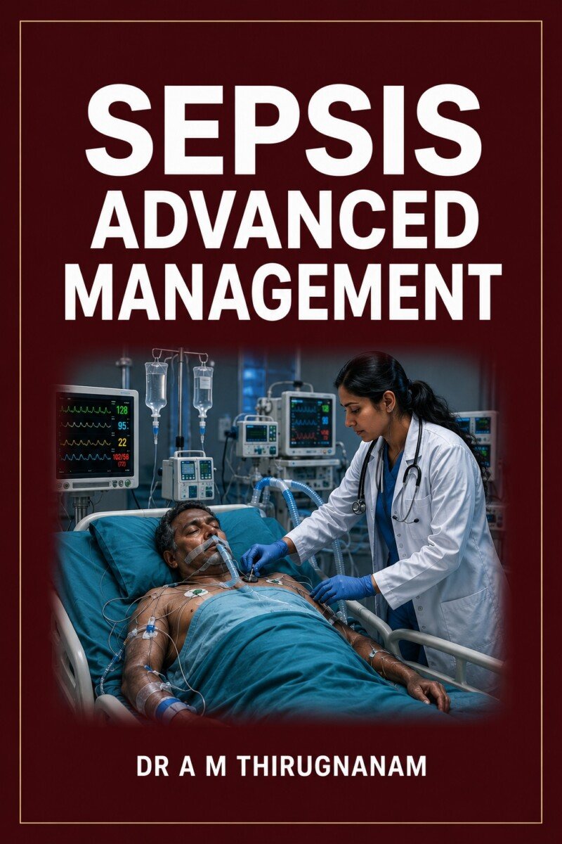 Sepsis Diagnosis – Advanced Care and Management eBook by Dr A M Thirugnanam covering septic shock, critical care, antimicrobial therapy, ICU management, and evidence-based sepsis treatment.