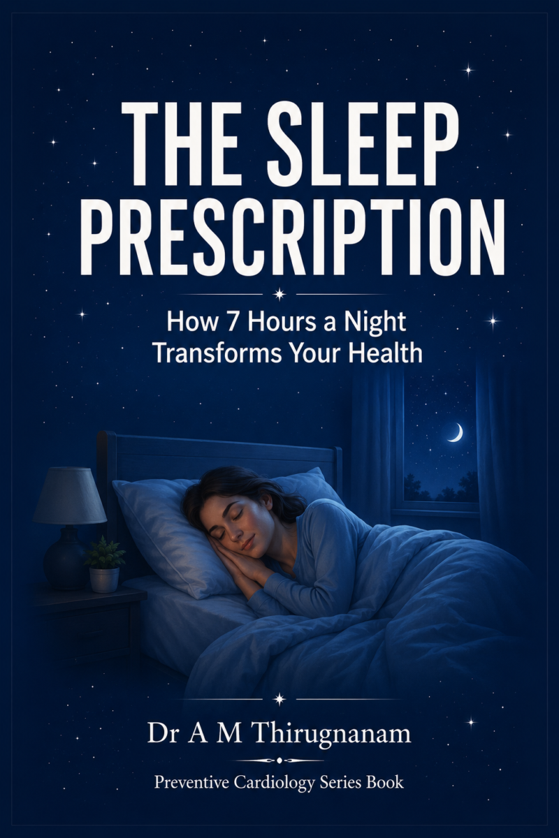 The Sleep Prescription – How 7 Hours a Night Transforms Your Health eBook by Dr A M Thirugnanam featuring 12 chapters and 436 pages on sleep science, sleep hygiene, heart health, and lifestyle medicine.