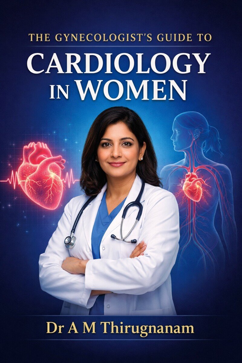 The Gynecologist's Guide to Cardiology in Women by Dr A M Thirugnanam featuring 18 chapters and 222 pages covering pregnancy heart disease, cardio-obstetrics, women's cardiovascular health, hypertension, menopause, and preventive cardiology.