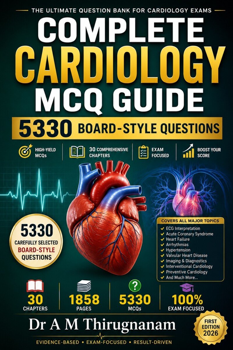Complete Cardiology MCQ Guide by Dr A M Thirugnanam featuring 5,330 board-style questions across 30 chapters and 1,858 pages for cardiology board examinations and postgraduate training.
