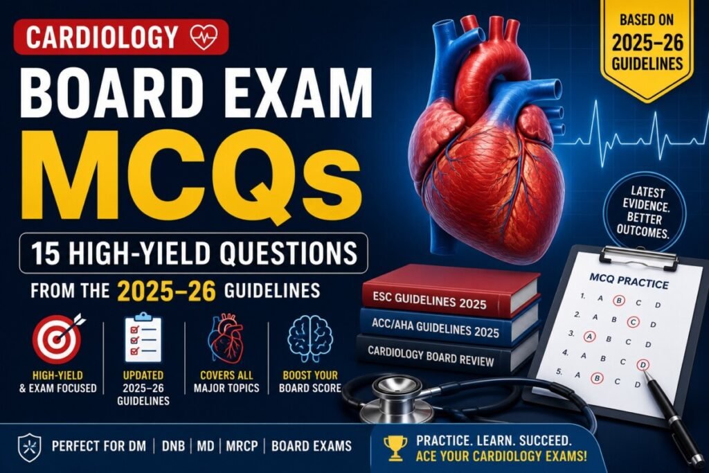 Cardiology Board Exam MCQs featuring 15 high-yield multiple-choice questions based on the 2025–26 ACC, AHA, and ESC cardiology guidelines for DM Cardiology, DNB, MD, MRCP, and board examination preparation.