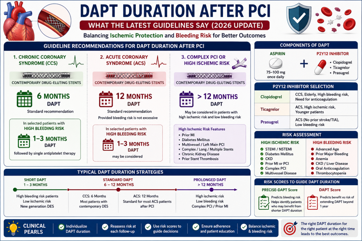 Dual antiplatelet therapy duration after PCI showing guideline-based treatment pathways for chronic coronary syndrome, acute coronary syndrome, and high bleeding risk patients.