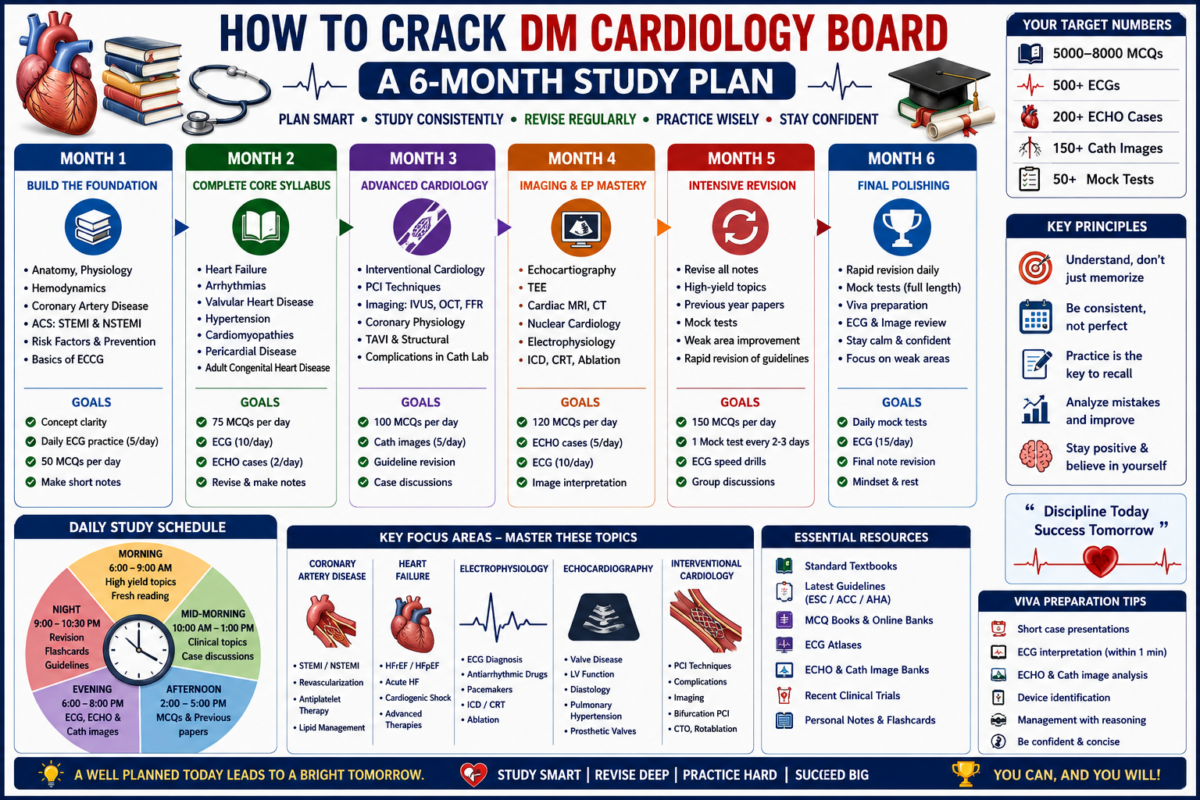 Six-month DM Cardiology Board study plan showing daily schedule, monthly milestones, ECG practice, MCQs, echocardiography, and guideline revision.