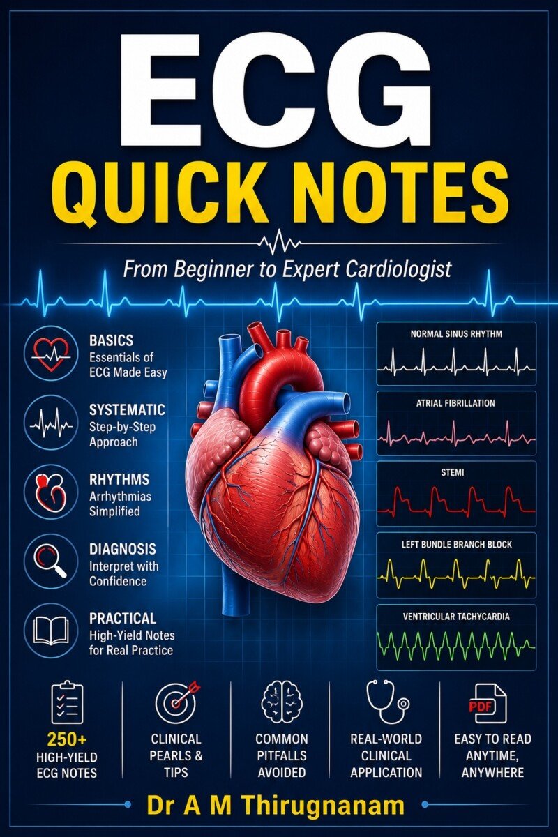 ECG Quick Notes by Dr A M Thirugnanam featuring 59 chapters and 399 pages on ECG interpretation, arrhythmias, STEMI, conduction disorders, cardiac electrophysiology, and clinical electrocardiography.