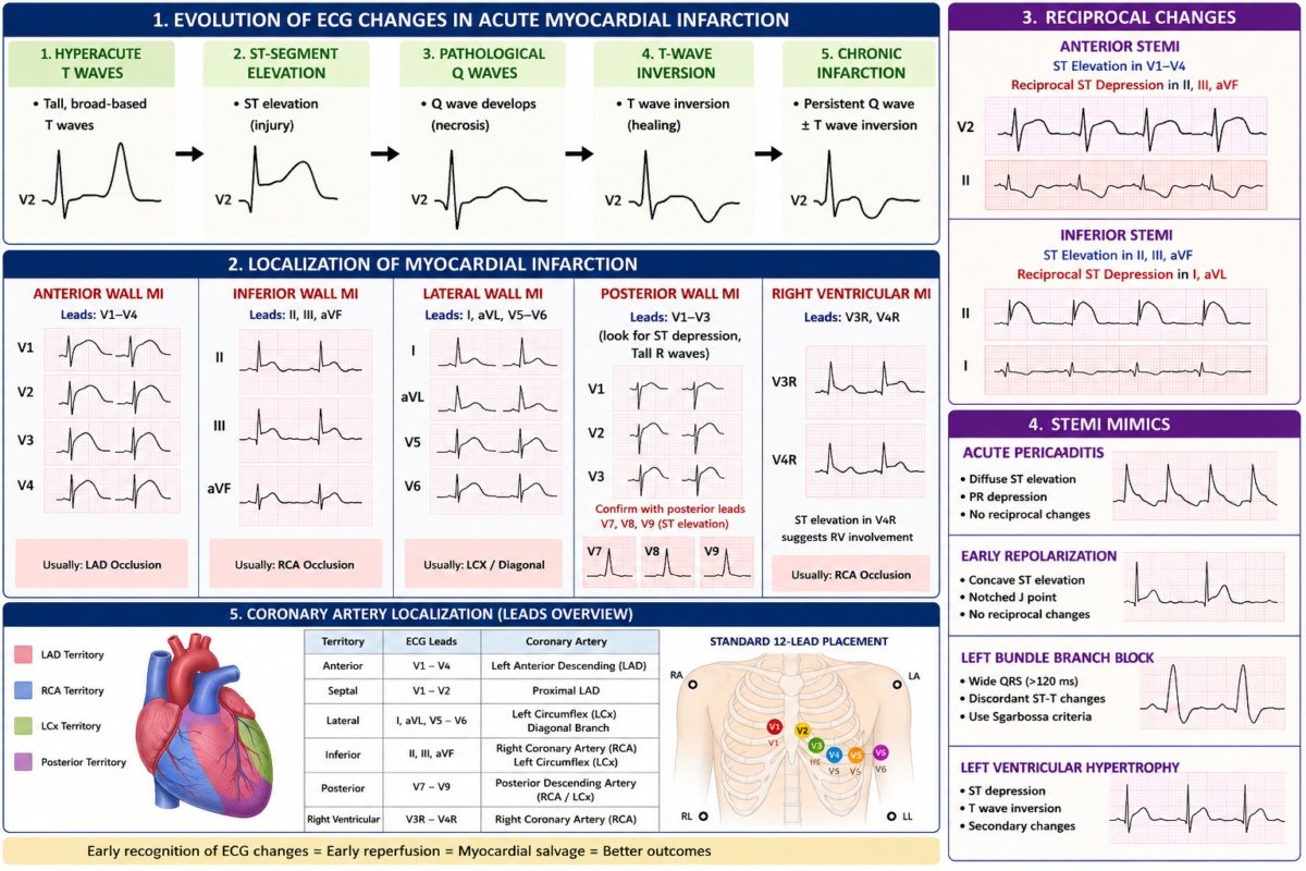 Understanding ECG changes in acute myocardial infarction showing STEMI patterns and infarct localization.