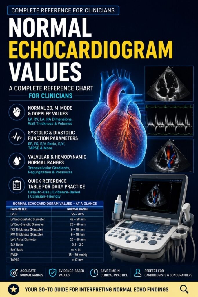Normal echocardiogram values reference chart showing left ventricular dimensions, ejection fraction, Doppler measurements, cardiac chamber sizes, valvular hemodynamics, and standard adult echocardiographic parameters for clinicians.