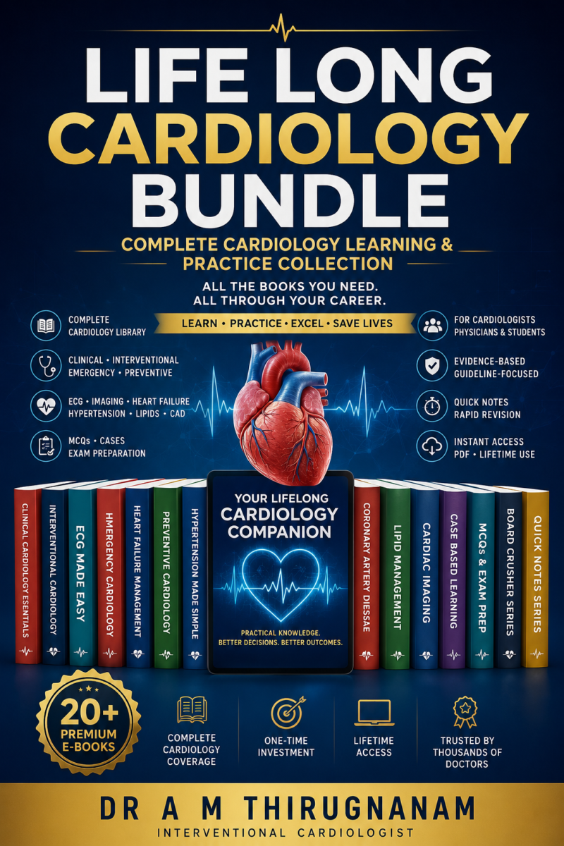 Life Long Cardiology Bundle – Clinical References by Dr A M Thirugnanam featuring 10 cardiology eBooks, 250+ chapters, and 3,300+ pages covering comprehensive cardiovascular medicine.